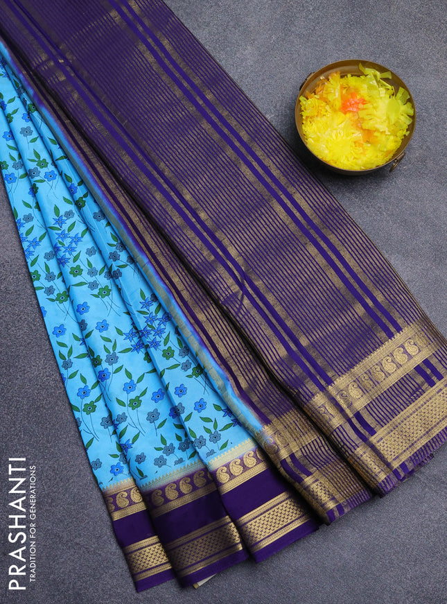 Semi mysore silk saree cs blue and violet with allover floral prints and rettapet zari woven border