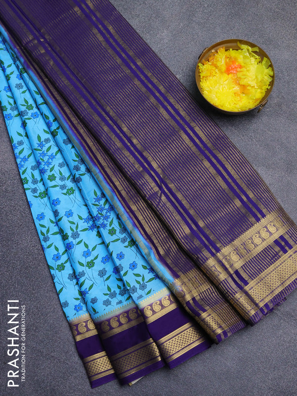 Semi mysore silk saree cs blue and violet with allover floral prints and rettapet zari woven border