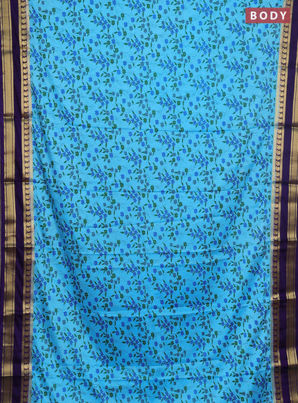 Semi mysore silk saree cs blue and violet with allover floral prints and rettapet zari woven border