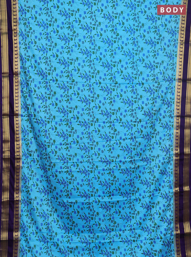 Semi mysore silk saree cs blue and violet with allover floral prints and rettapet zari woven border