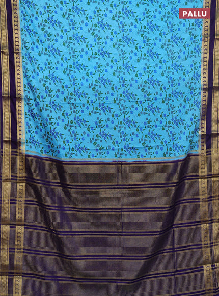 Semi mysore silk saree cs blue and violet with allover floral prints and rettapet zari woven border