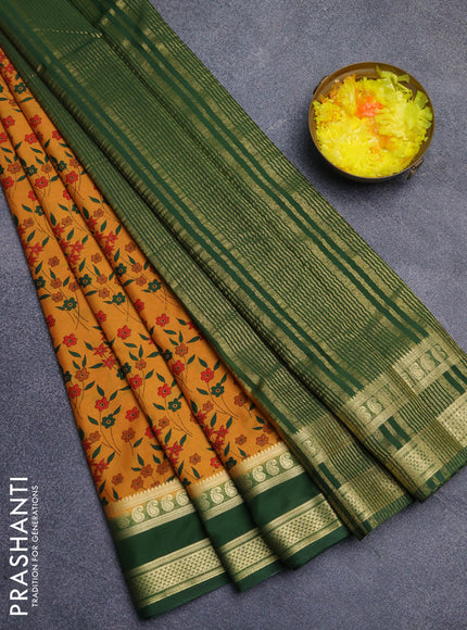 Semi mysore silk saree dark mustard and green with allover floral prints and rettapet zari woven border