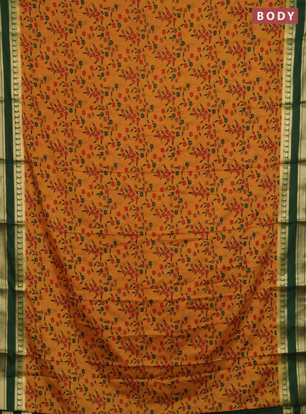 Semi mysore silk saree dark mustard and green with allover floral prints and rettapet zari woven border