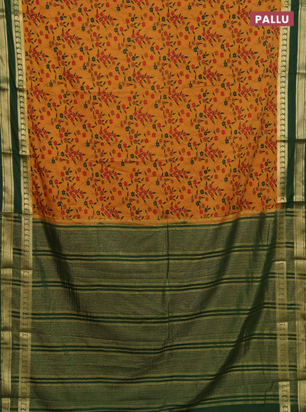 Semi mysore silk saree dark mustard and green with allover floral prints and rettapet zari woven border