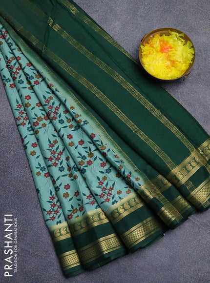 Semi mysore silk saree teal green and green with allover floral prints and rettapet zari woven border
