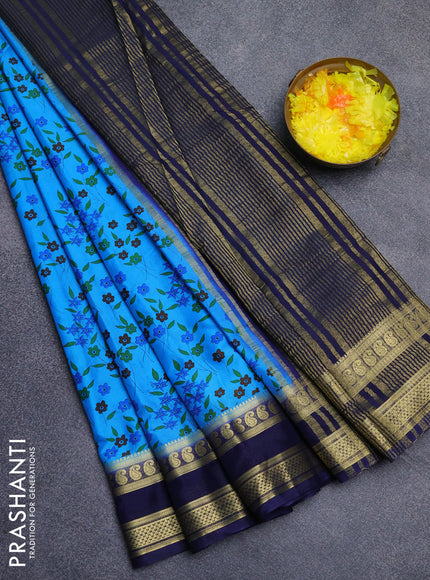 Semi mysore silk saree cs blue and navy blue with allover floral prints and rettapet zari woven border
