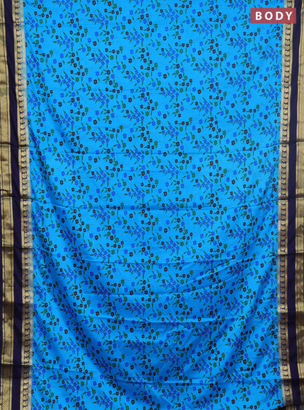 Semi mysore silk saree cs blue and navy blue with allover floral prints and rettapet zari woven border
