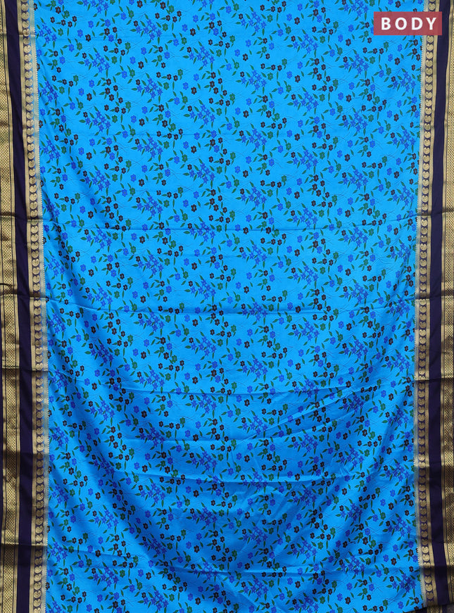 Semi mysore silk saree cs blue and navy blue with allover floral prints and rettapet zari woven border
