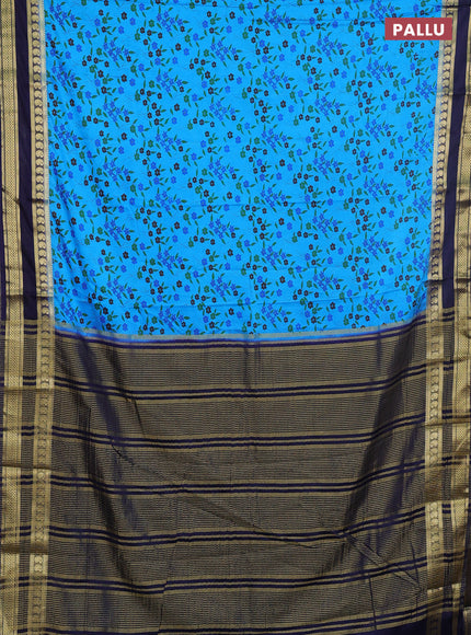 Semi mysore silk saree cs blue and navy blue with allover floral prints and rettapet zari woven border