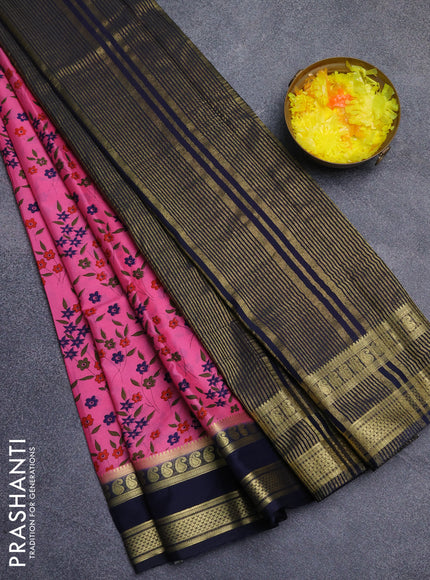 Semi mysore silk saree pink and navy blue with allover floral prints and rettapet zari woven border
