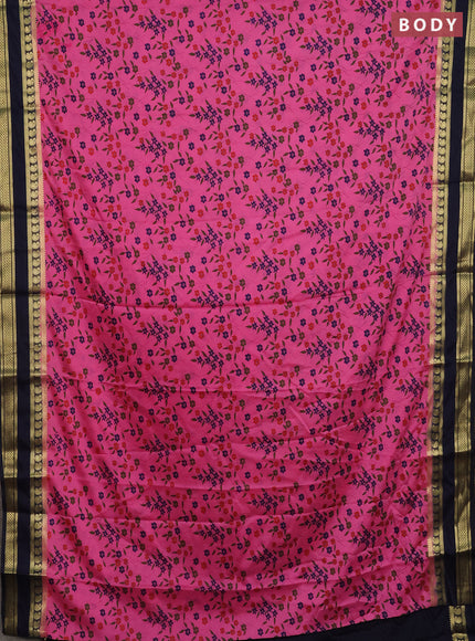 Semi mysore silk saree pink and navy blue with allover floral prints and rettapet zari woven border