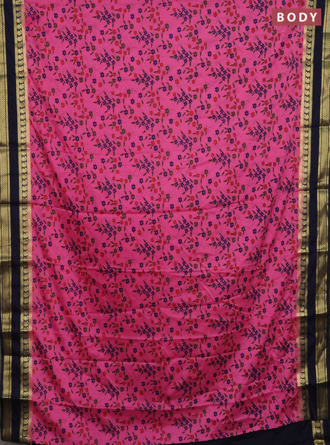 Semi mysore silk saree pink and navy blue with allover floral prints and rettapet zari woven border