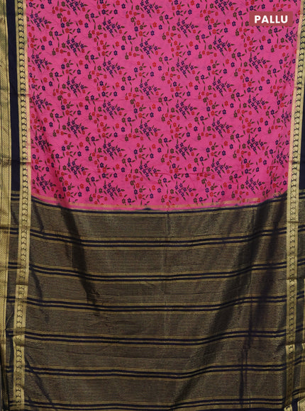 Semi mysore silk saree pink and navy blue with allover floral prints and rettapet zari woven border