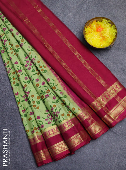 Semi mysore silk saree pista green and magenta pink with allover floral prints and rettapet zari woven border