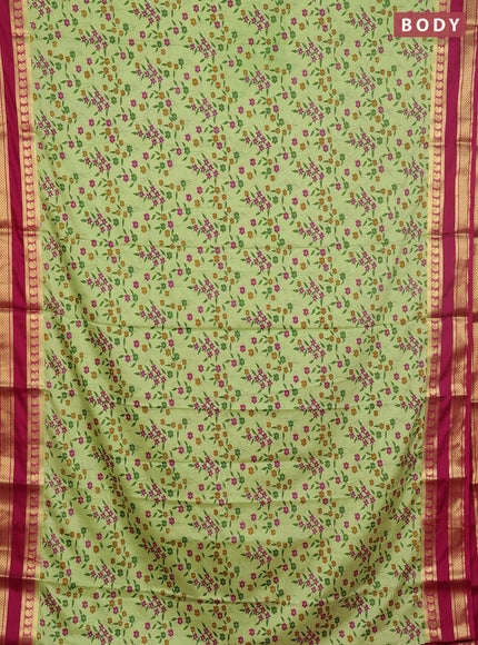 Semi mysore silk saree pista green and magenta pink with allover floral prints and rettapet zari woven border