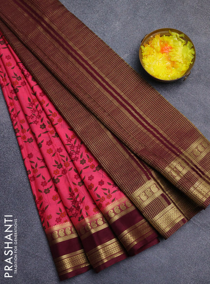 Semi mysore silk saree peach pink and wine shade with allover floral prints and rettapet zari woven border