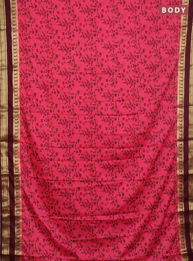 Semi mysore silk saree peach pink and wine shade with allover floral prints and rettapet zari woven border