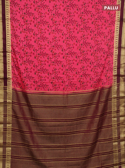 Semi mysore silk saree peach pink and wine shade with allover floral prints and rettapet zari woven border