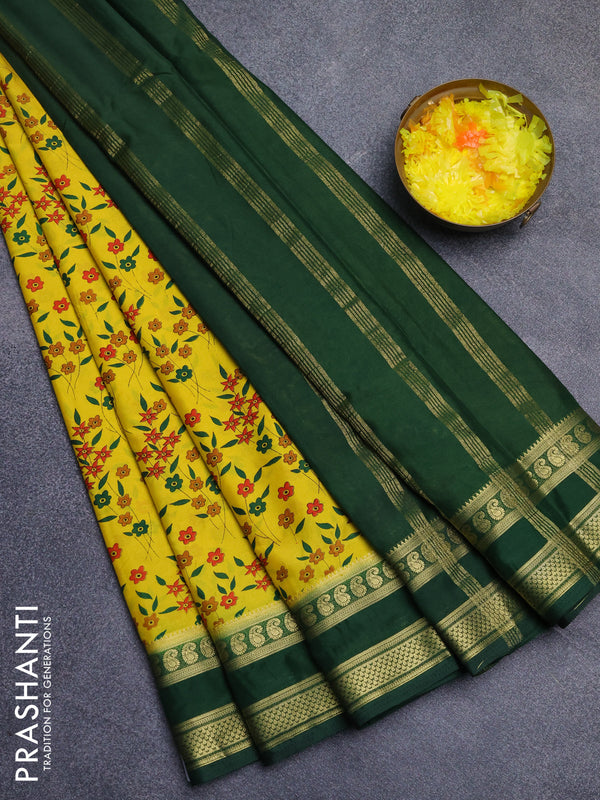 Semi mysore silk saree yellow and bottle green with allover floral prints and rettapet zari woven border