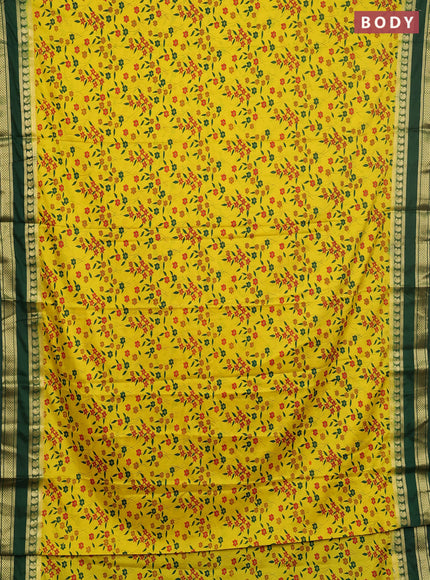 Semi mysore silk saree yellow and bottle green with allover floral prints and rettapet zari woven border