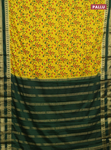 Semi mysore silk saree yellow and bottle green with allover floral prints and rettapet zari woven border
