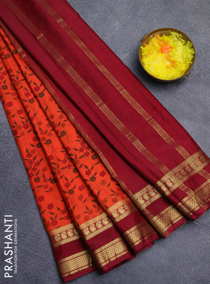 Semi mysore silk saree orange and deep maroon with allover floral prints and rettapet zari woven border