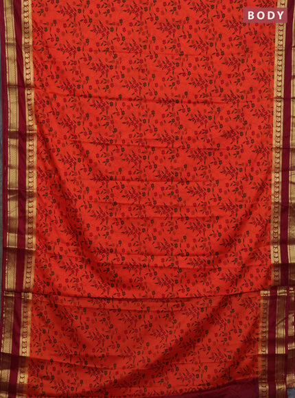 Semi mysore silk saree orange and deep maroon with allover floral prints and rettapet zari woven border