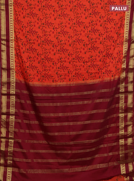 Semi mysore silk saree orange and deep maroon with allover floral prints and rettapet zari woven border
