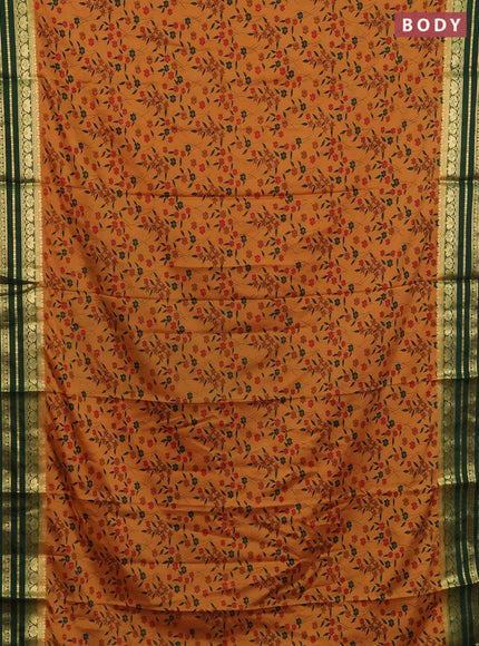 Semi mysore silk saree dark mustard and green with allover floral prints and zari woven border