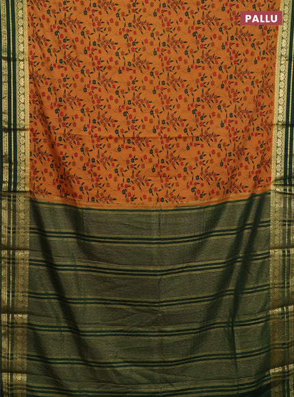 Semi mysore silk saree dark mustard and green with allover floral prints and zari woven border
