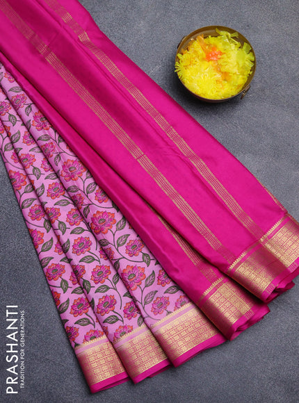 Semi mysore silk saree light pink and pink with allover floral prints and zari woven border