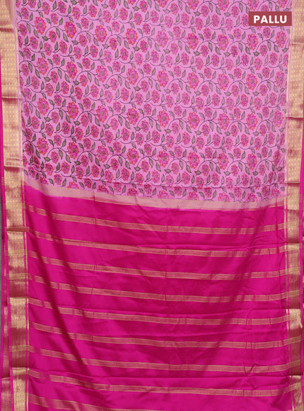 Semi mysore silk saree light pink and pink with allover floral prints and zari woven border