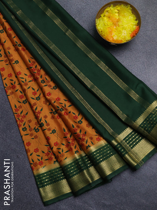 Semi mysore silk saree dark mustard and bottle green with allover floral prints and zari woven border