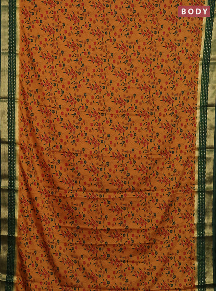 Semi mysore silk saree dark mustard and bottle green with allover floral prints and zari woven border