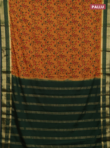 Semi mysore silk saree dark mustard and bottle green with allover floral prints and zari woven border
