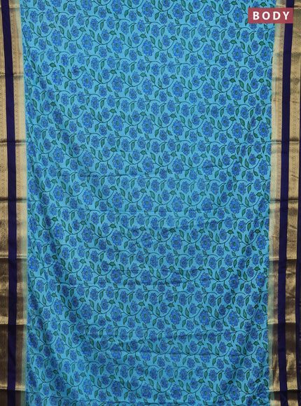 Semi mysore silk saree light blue and navy blue with allover floral prints and rettapet zari woven border