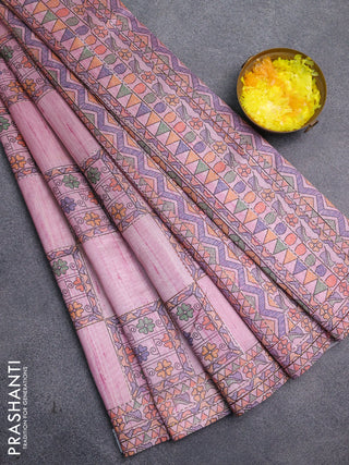 Semi tussar saree mauve pink with allover mathubani prints & kantha stitch work