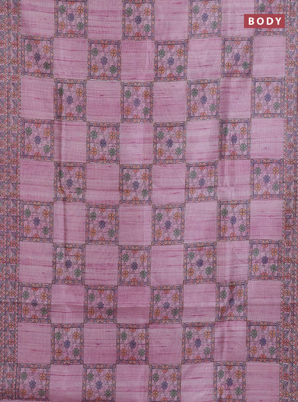 Semi tussar saree mauve pink with allover mathubani prints & kantha stitch work