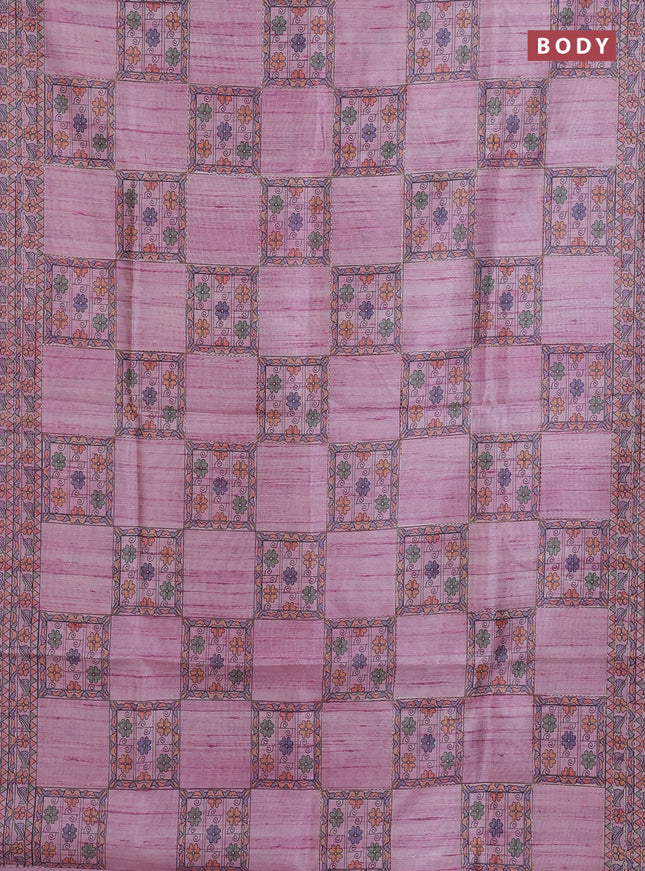 Semi tussar saree mauve pink with allover mathubani prints & kantha stitch work