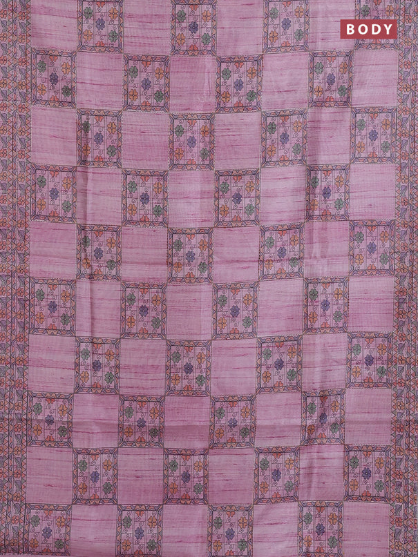 Semi tussar saree mauve pink with allover mathubani prints & kantha stitch work