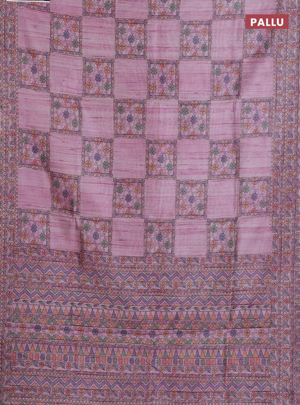 Semi tussar saree mauve pink with allover mathubani prints & kantha stitch work