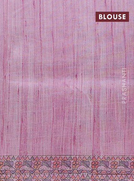 Semi tussar saree mauve pink with allover mathubani prints & kantha stitch work