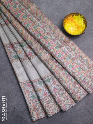 Semi tussar saree grey with allover mathubani prints & kantha stitch work