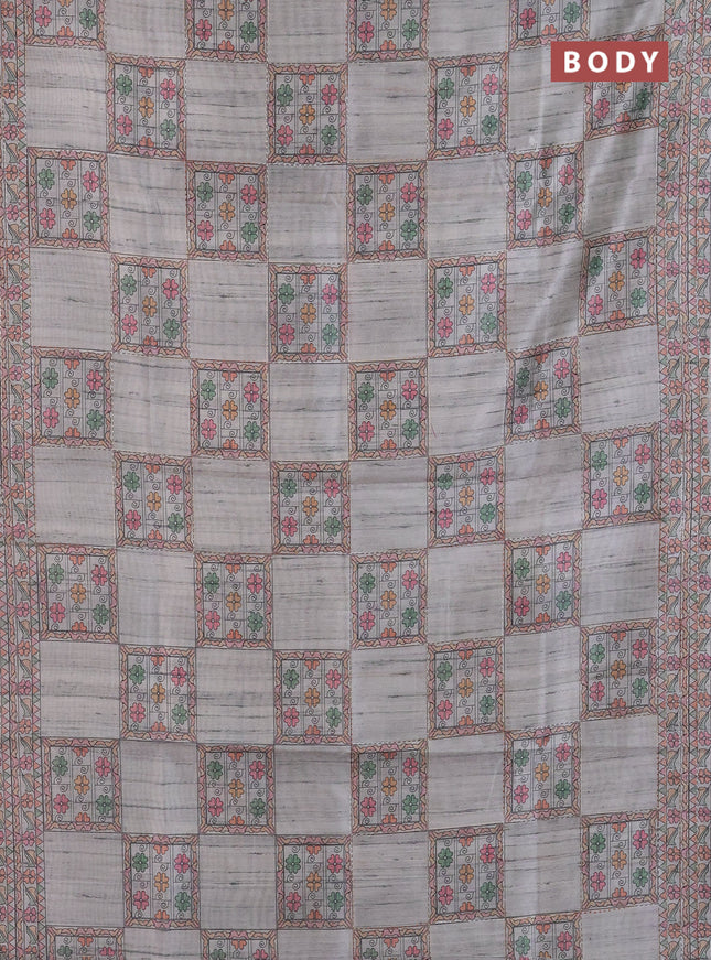 Semi tussar saree grey with allover mathubani prints & kantha stitch work