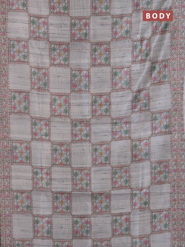 Semi tussar saree grey with allover mathubani prints & kantha stitch work