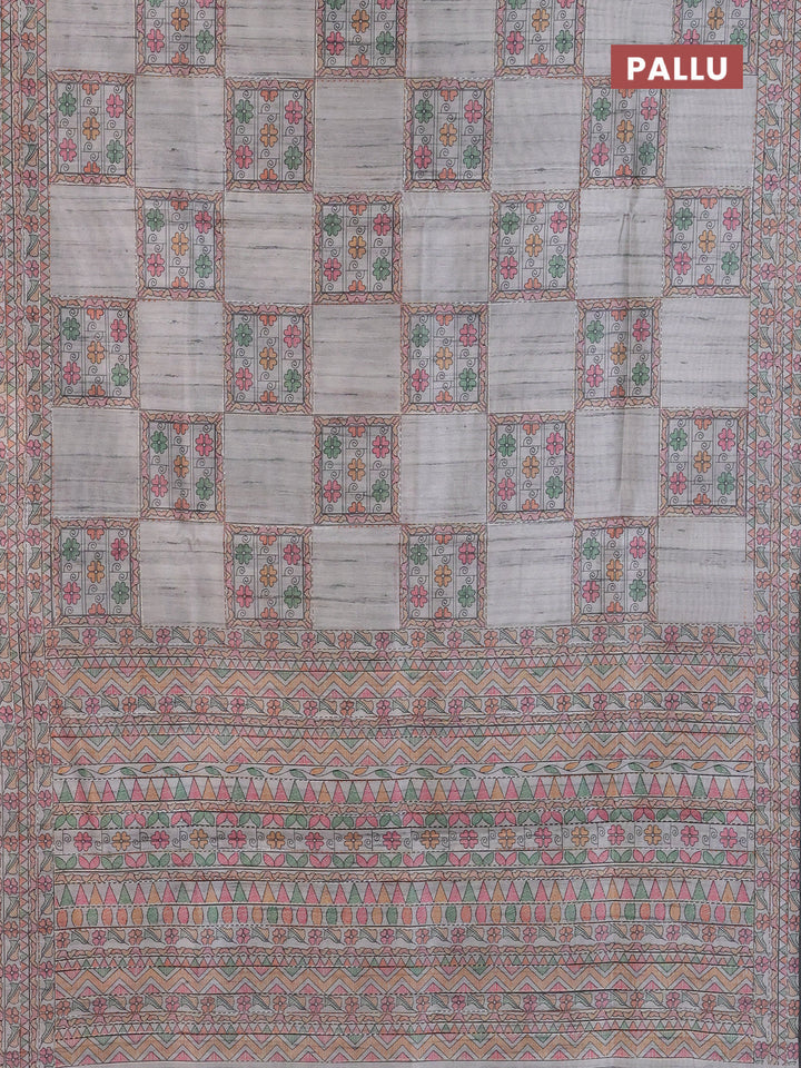 Semi tussar saree grey with allover mathubani prints & kantha stitch work