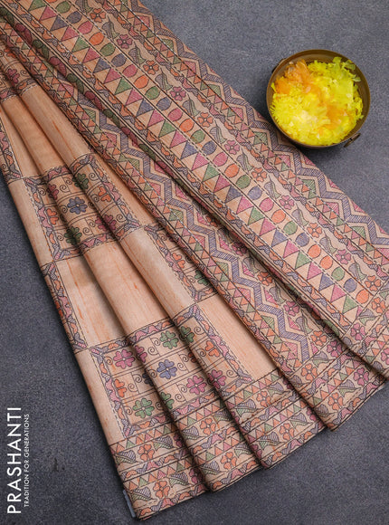 Semi tussar saree orange with allover mathubani prints & kantha stitch work