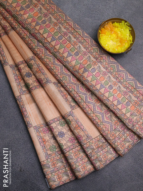 Semi tussar saree orange with allover mathubani prints & kantha stitch work
