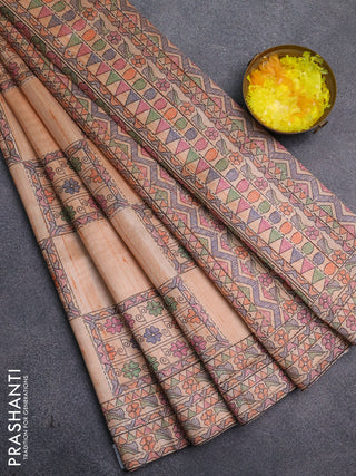Semi tussar saree orange with allover mathubani prints & kantha stitch work