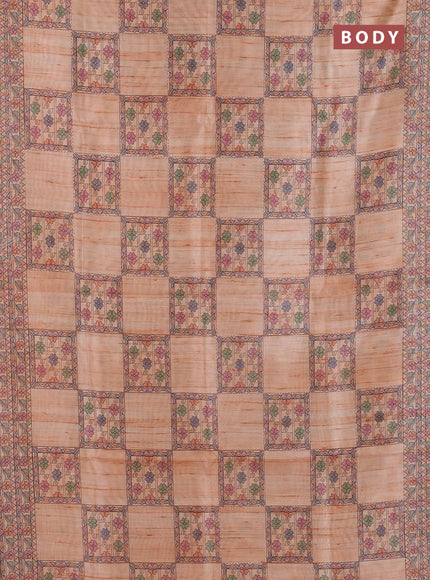 Semi tussar saree orange with allover mathubani prints & kantha stitch work